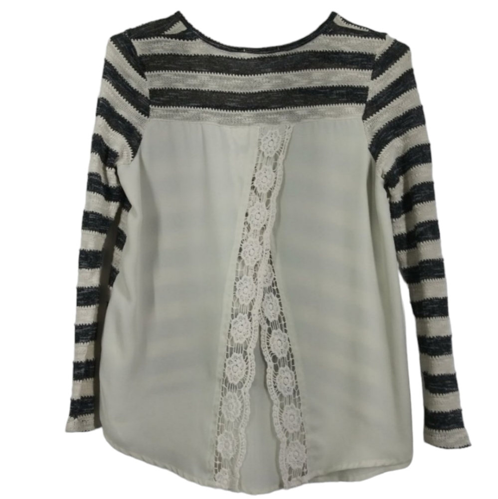 Jolt Women's Top Striped /Long Sleeves Sweater Front Sheer Back W/Lace